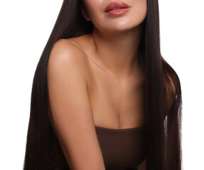 Woman with beautiful smooth hair after lamination procedure on white background, closeup