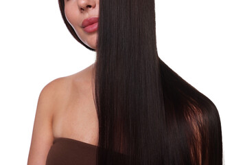 Woman with beautiful smooth hair after lamination procedure on white background, closeup