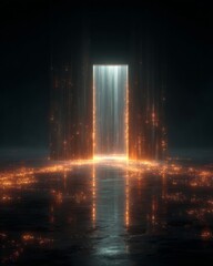 Fototapeta premium Glowing door opening to reveal streams of digital light.