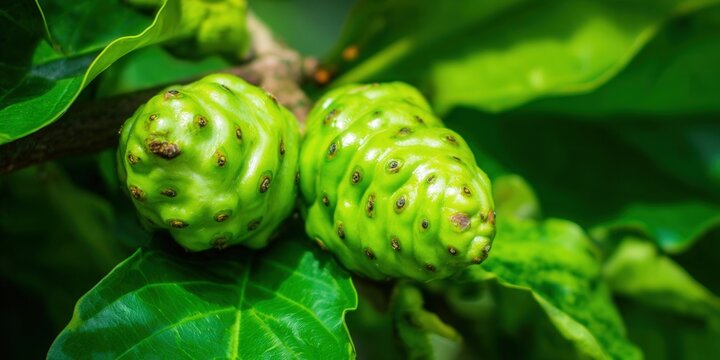 Two green noni fruits on a branch, surrounded by large green leaves in natural sunlight.