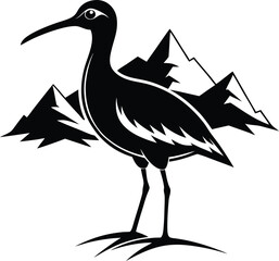 Fototapeta premium Black silhouette of a bird with a long beak standing before mountains black and white
