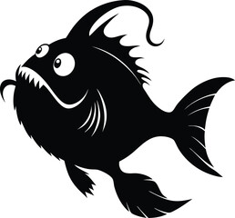 Black silhouette of a cartoon piranha fish with sharp teeth and big eyes white background