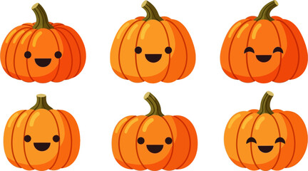 Six cheerful cartoon pumpkins with happy faces, perfect for Halloween decorations and autumn themes.
