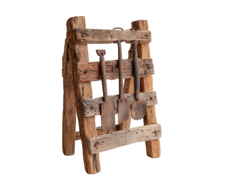 Rustic Wooden Ladder with Vintage Shovels