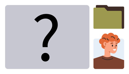 Folder icon, user avatar portrait, and a large question mark illustrating concepts thumbs up account issues, unknown contexts, or lost access. Ideal for identity, error, mystery, support privacy