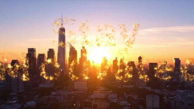 Glimmering Golden 'Stay Motivated' Message Over a Majestic Sunrise City Skyline