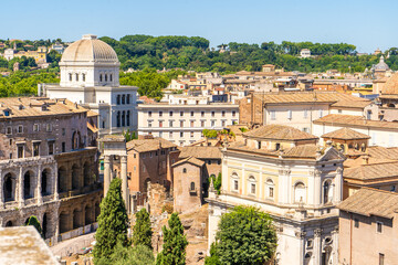 Great Synagogue of Rome View from Palatine Hill Italy roofs architecture. Italian old houses street