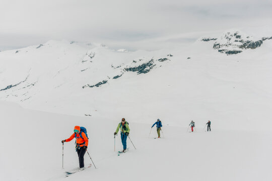 Five skiers skin up a mountain in the backcountry.