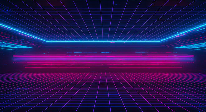 Neon Grid Vibrant Blue and Pink Retro Geometric Landscape