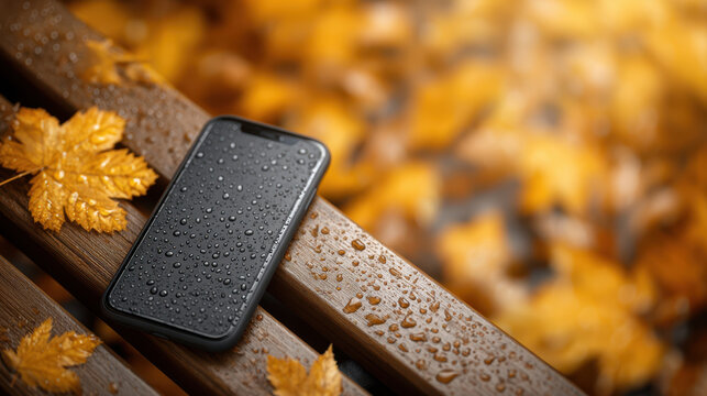 Modern smartphone with waterproof design resting on wet wooden bench surrounded by autumn leaves creating cozy outdoor scene