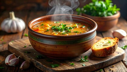 Steaming Bowl of Hearty Soup with Fresh Herbs and Crusty Bread A Culinary Delight