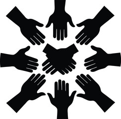 Obraz premium Diverse Hands Reaching Inward Forming A Circle With Interlocking Hands In Center Keywords: hands, human