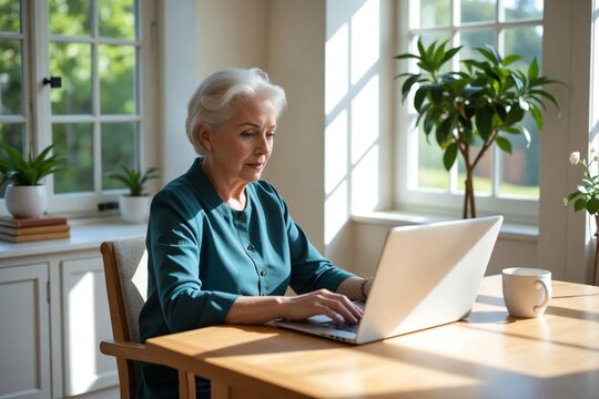 Senior woman engaged in a telehealth video consultation with a doctor from her serene and comfortable sunlit home, using a laptop.