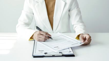 Business woman employer holding resume hiring recruit looking cv resume to hire candidates,...