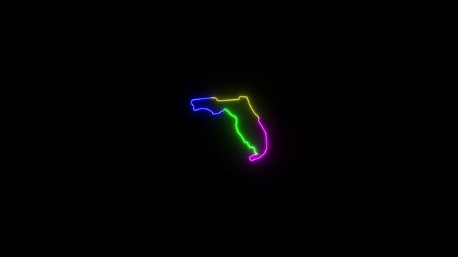  This video neon glowing Florida map animated. Zoom showing  colorful map with black background.