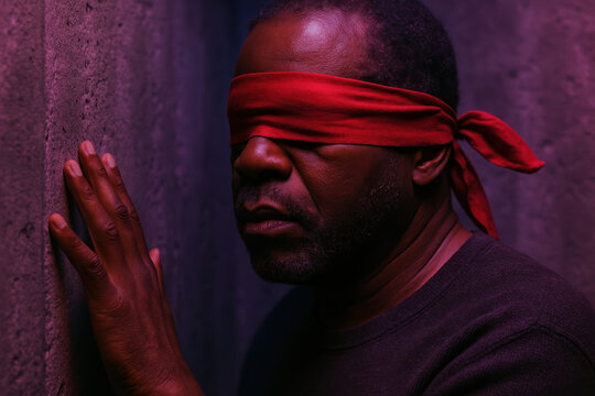 Blindfolded man standing by concrete wall in dim lighting, uncertainty and introspection in dark, moody environment - Powered by Adobe