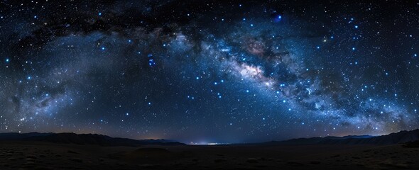 A breathtaking panoramic view of the Milky Way galaxy over a serene desert landscape at night