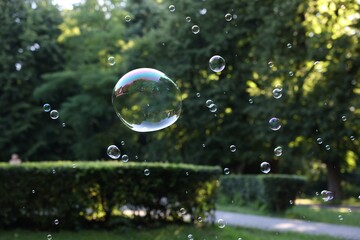 Beautiful transparent soap bubbles floating in park