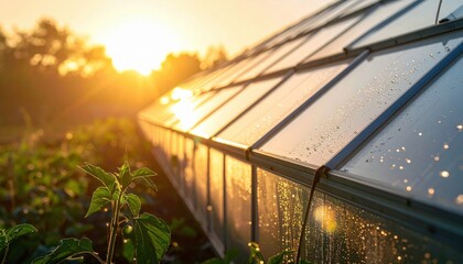 Greenhouse polycarbonate ridges with dew gradient soft backlight copy space wallpaper background representing translucent panel detail suitable for modern agricultural design