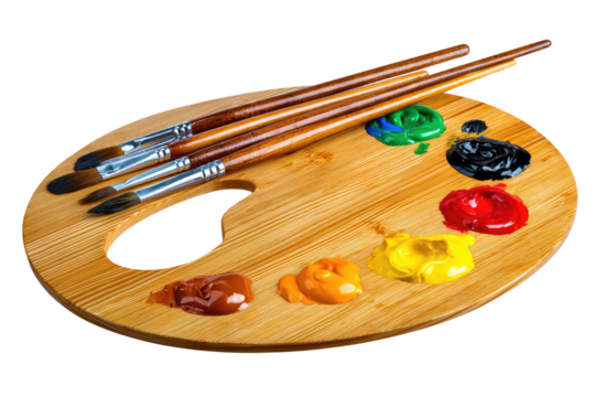 Wooden artist's palette with paint and brushes