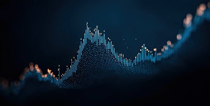 Abstract data visualization,  showing a dramatic upward trend.  Dark,  dynamic display of financial, or other statistical information,  with glowing lines and a textured background