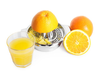Freshly squeezed orange juice, fruits and juicer isolated on white