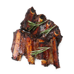 Roasted beef ribs with rosemary isolated on white, top view