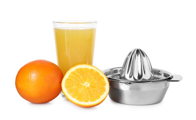 Freshly squeezed orange juice, fruits and juicer isolated on white