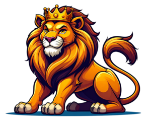 Bold cartoon-style lion mascot character wearing a golden crown, muscular stance with confident smile, side view dynamic pose, vibrant comic style, transparent background, 8K PNG.