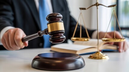 Lawyer Holding Gavel with Scales of Justice in Office