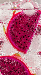 Close-up of vibrant dragon fruit slices submerged in sparkling water with ice cubes, creating a refreshing and visually appealing composition.
