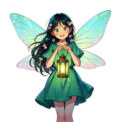 Green Fairy with Glowing Lantern on transparent background