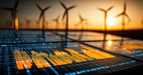 Wind turbines at sunset; data graphs overlaid