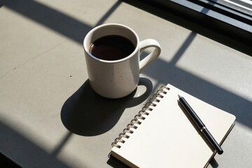 Curated aesthetic lifestyle still life with a sophisticated, muted color palette, featuring coffee, technology, and natural textures.