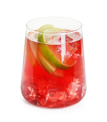 Tasty punch with ice and slices of lime in glass isolated on white. Refreshing drink