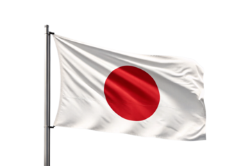 Japanese flag waving on flagpole with red sun symbol on white fabric, isolated on a transparent background