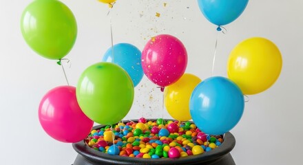 Vibrant balloons rising from a cauldron overflowing with colorful candy, perfect for birthday parties and celebrations with childlike wonder