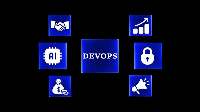 Dev Ops concept with AI and business icons on a black background DevOps Artificial Intelligence