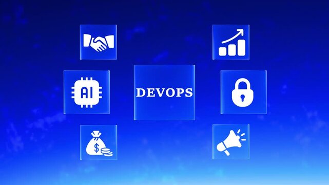 Dev Ops concept with AI and business icons on a blue sky background DevOps Artificial Intelligence