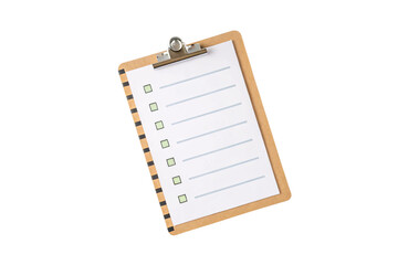 Wooden clipboard displaying checklist with green checkboxes and horizontal lines for task management, isolated on a transparent background