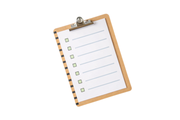 Wooden clipboard displaying checklist with green checkboxes and horizontal lines for task management, isolated on a transparent background
