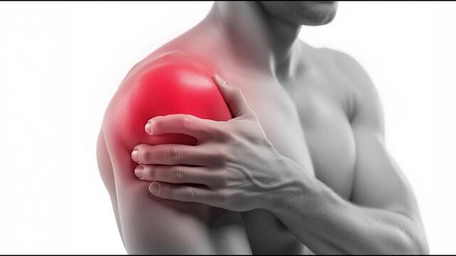 Conceptual image of shoulder pain in male, highlighting inflammation and joint injury with red area