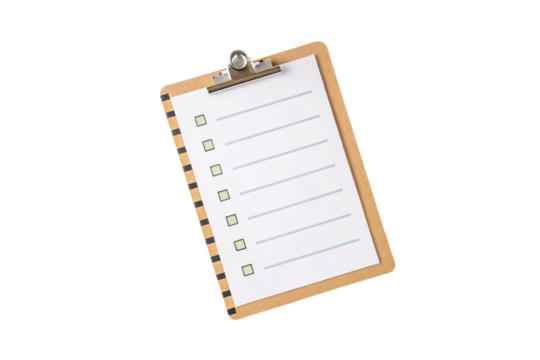 Wooden clipboard displaying checklist with green checkboxes and horizontal lines for task management, isolated on a transparent background