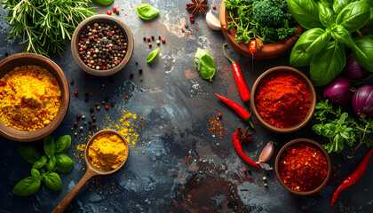 Colorful array of spices and herbs on dark surface