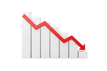 Fototapeta premium 3D bar graph with red zigzag line and arrow showing volatile downward market trend, isolated on a transparent background