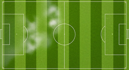 Aerial view of a green soccer field with markings and goals, ready for play.