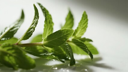 Obraz premium Verdant mint leaves are placed on a white background, fresh and full of vitality.