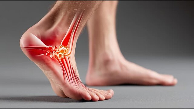 Medical illustration of ankle pain and joint inflammation in human foot showing affected bones and tendons