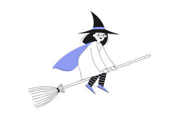 Cartoon witch flying on broomstick, purple cape, black hat, striped socks, cheerful expression, isolated on a transparent background