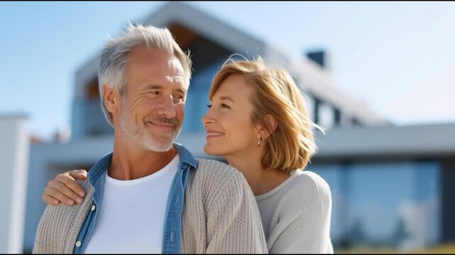 Happy mature couple embracing and smiling in front of modern house on sunny day, concept of retirement and home ownership